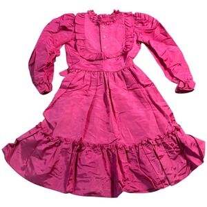 Vintage Kim Originals Made USA Hot Pink‎ Taffeta Ruffle Prairie Party Dress Sash